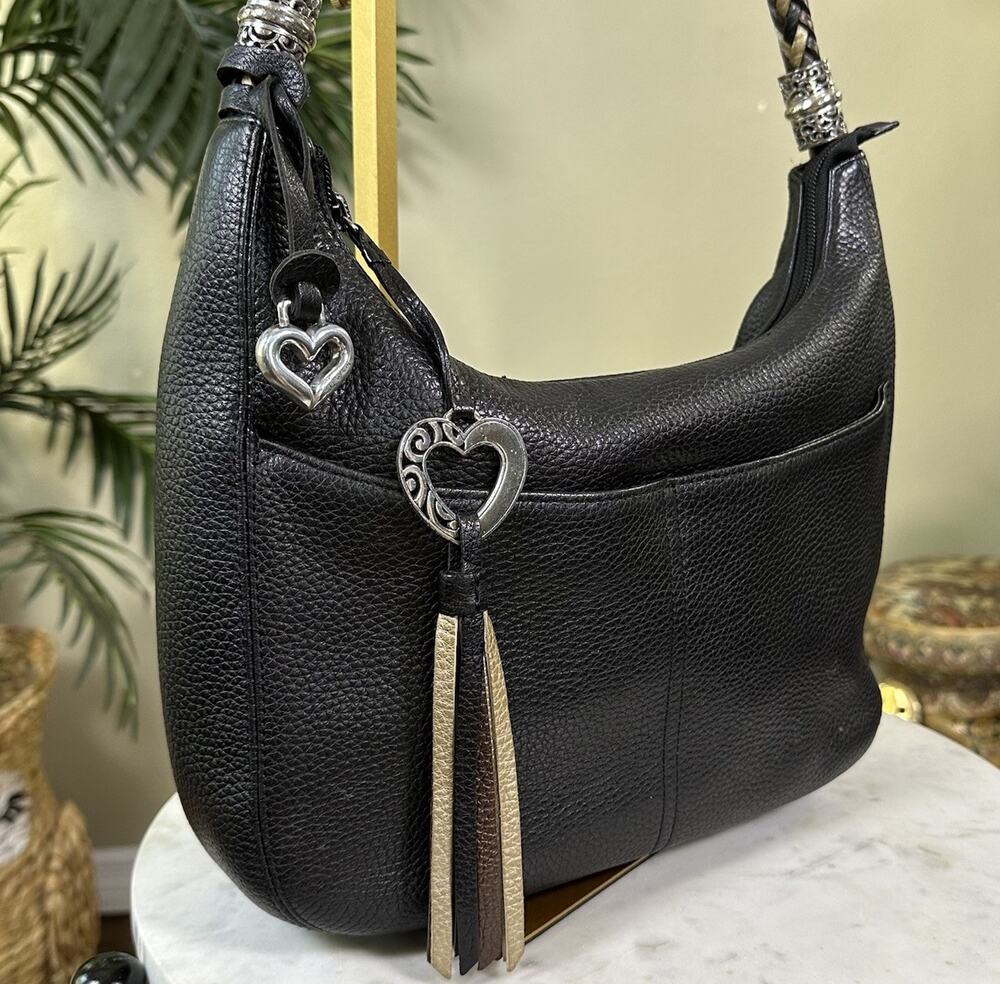 Brighton Barbados Black Bag Pebbled Leather braided strap heart Tassel & Charm